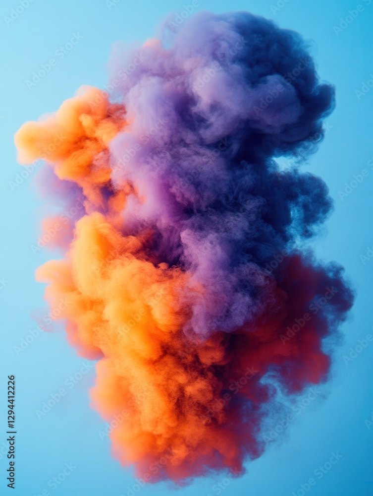 Naklejka premium Ethereal cloud of vibrant orange and purple smoke against a serene light blue backdrop creating a mesmerizing visual spectacle with soft texture