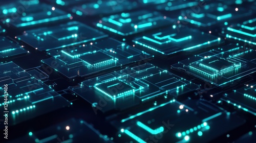 Digital Circuit Board Design with Neon Glow and Abstract Elements