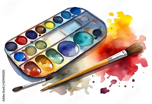 Colorful watercolor paint palette and brushe on white and transparent background. PNG.