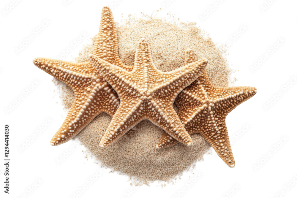 Starfish trio on sandy beach transparent background png for nature and marine life white environment concept Starfish trio on sandy beach transparent background png for nature and marine life white environment concept