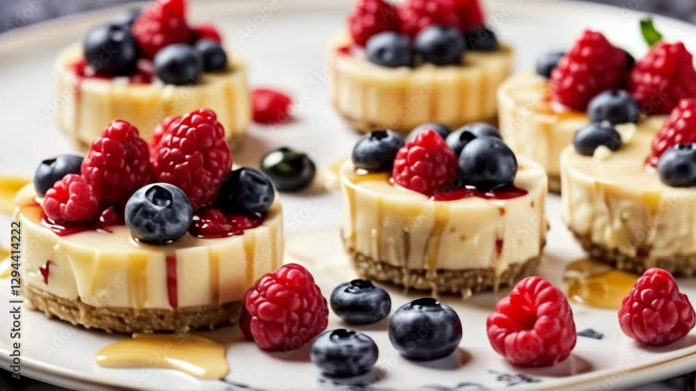 Mini cheesecake desserts topped with fresh berries and drizzle on a decorative plate Mini cheesecake desserts topped with fresh berries and drizzle on a decorative plate