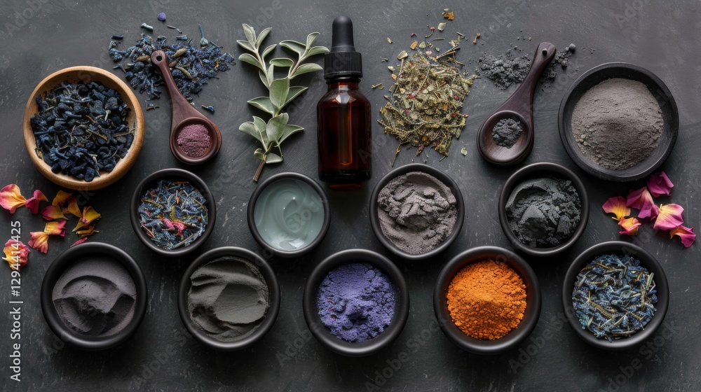 An assortment of vibrant herbs and powders is neatly arranged in bowls on a dark surface, showcasing various colors and textures. An aromatic oil bottle is included among the natural ingredients. An assortment of vibrant herbs and powders is neatly arranged in bowls on a dark surface, showcasing various colors and textures. An aromatic oil bottle is included among the natural ingredients.