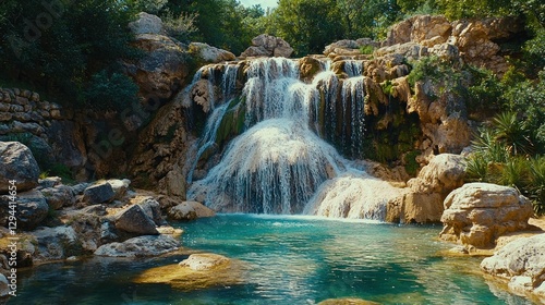 Sunny waterfall cascading into turquoise pool, lush forest backdrop
