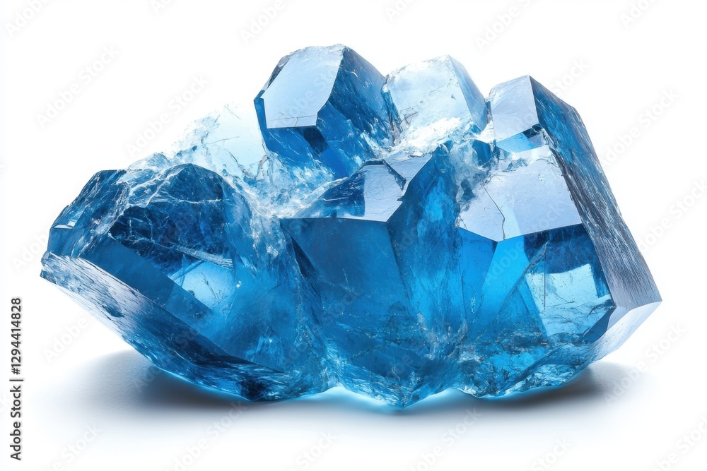 Captivating blue topaz crystal cluster on white backdrop shimmering with light and intricate facets mineral beauty gemstone treasure