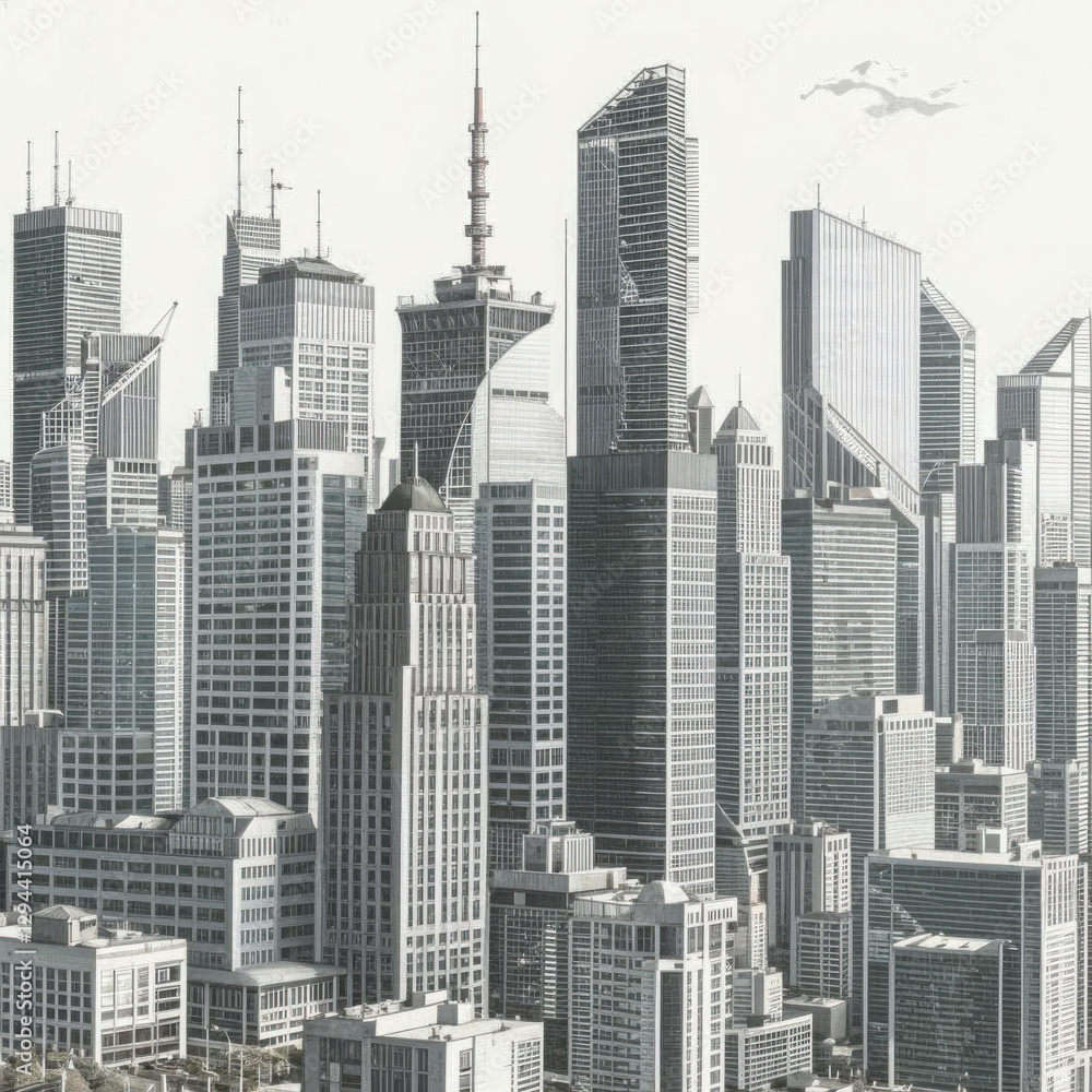 Fototapeta premium Modern city skyline with skyscrapers in monochrome style, architectural representation, urban design 