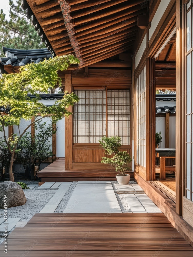 Obraz premium A wooden structure with Japanese architectural influence is presented