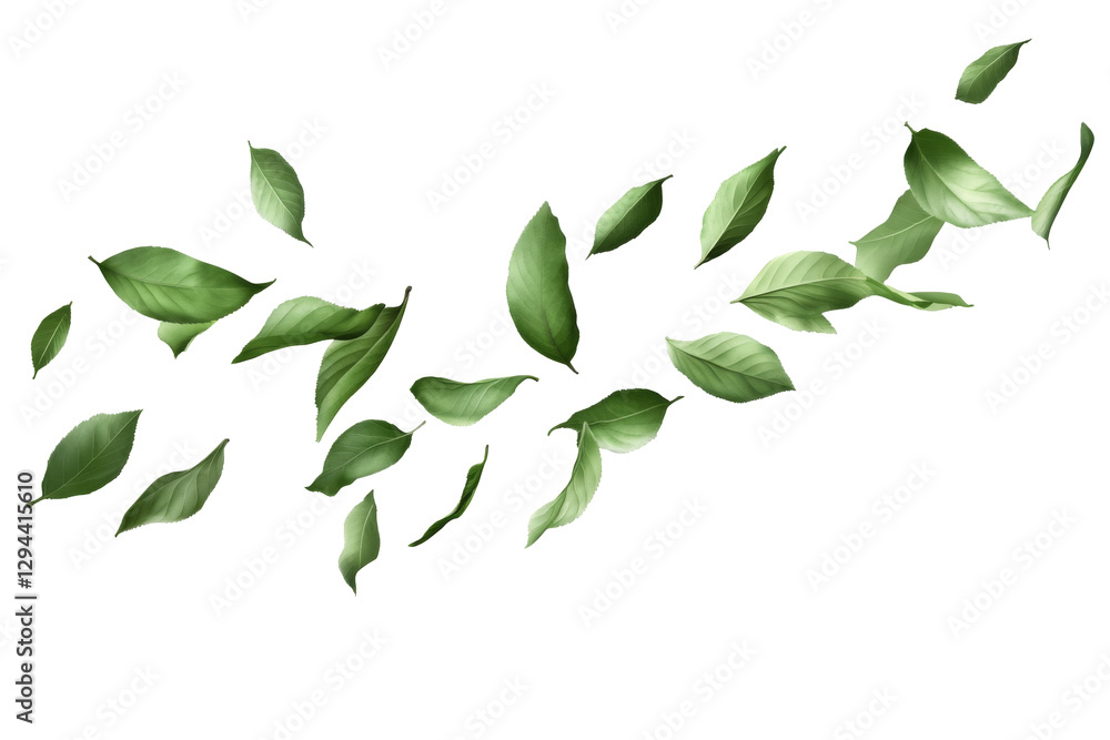 Fototapeta premium Falling green leaves nature scene png transparent background white space calm environment leafy concept