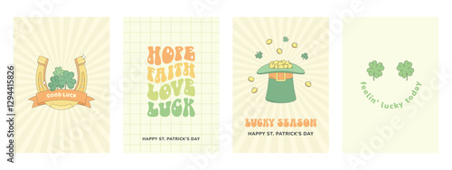 St. Patrick's Day greeting card, poster. Horseshoe for luck, leprechaun hat full of gold coins, clover, good luck wishes. Groovy retro style.