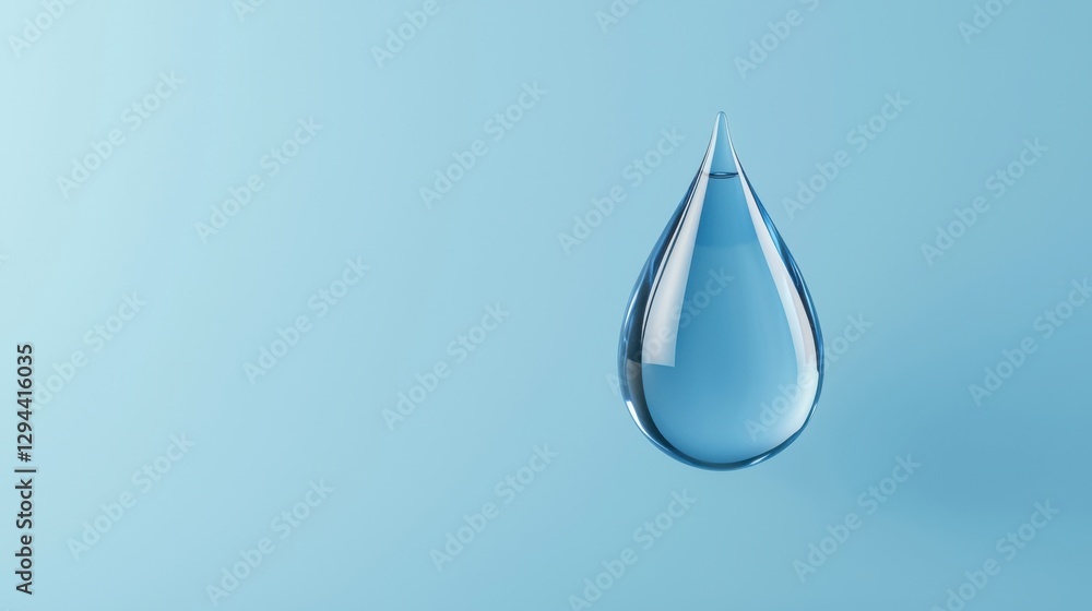 Transparent Water Drop Hanging in Mid-Air on Soft Blue Background Transparent Water Drop Hanging in Mid-Air on Soft Blue Background
