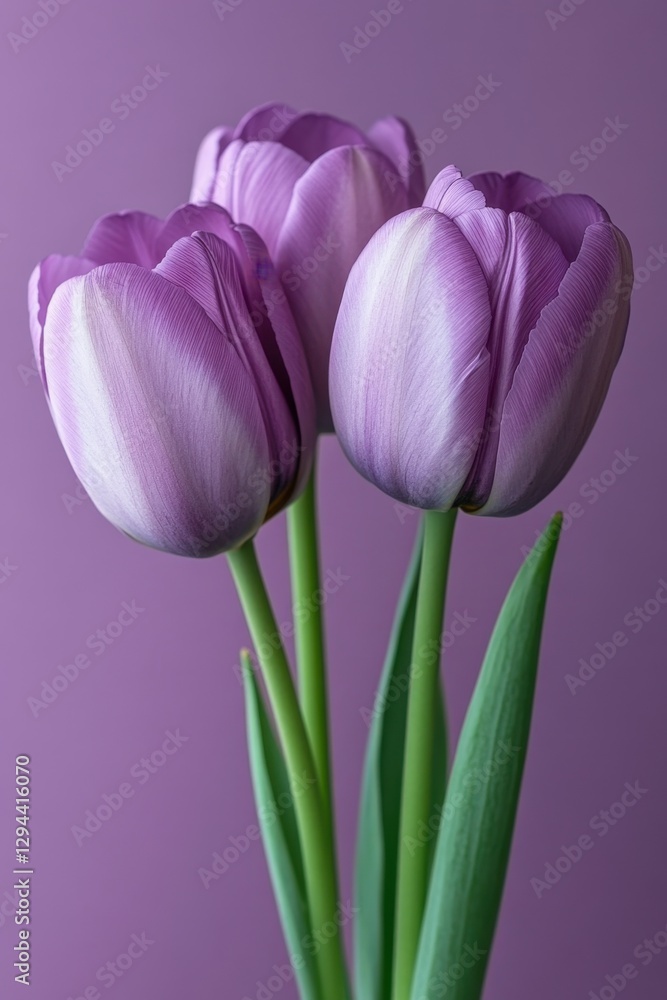 Fototapeta premium Three Elegant Purple Tulips in Full Bloom Against a Soft Lavender Background Capturing Floral Beauty and Graceful Simplicity in a Studio Setting