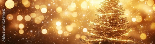 A tall giraffe adorned with a Christmas tree, lights twinkling in the background, while soft snowflakes gently fall around the festive scene.