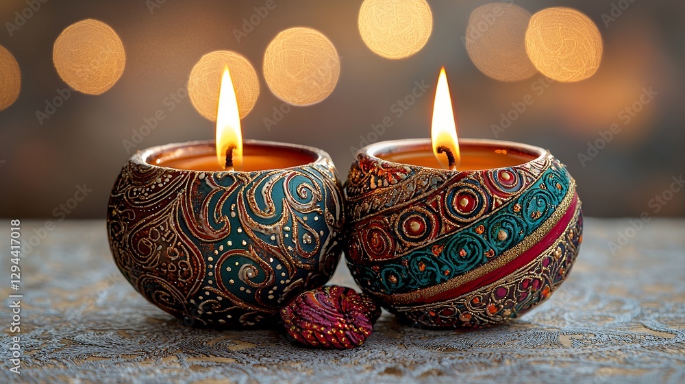 Ornate Teal Gold Red Candles Burning Brightly Bokeh Background Ornate Teal Gold Red Candles Burning Brightly Bokeh Background