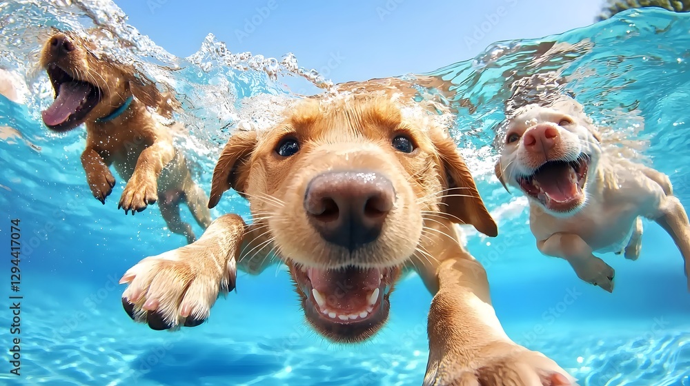 Group of Adorable and Energetic Puppies Splashing and Paddling Underwater Creating a Hilarious and Heartwarming Summer Vacation Scene