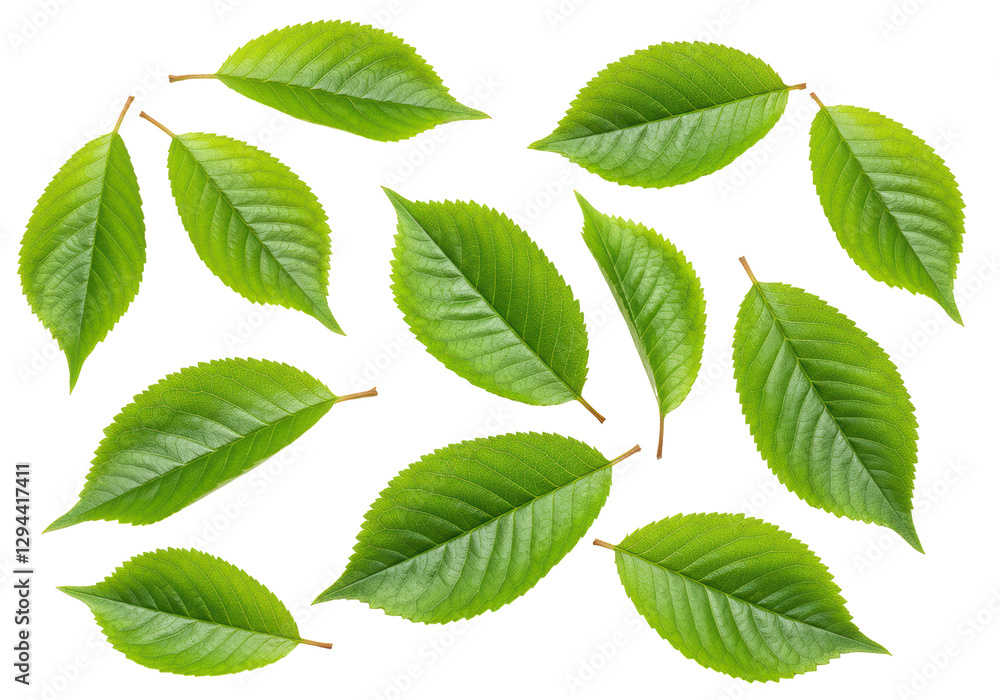Isolated Fresh Green Cherry Leaves, Spring Foliage Isolated Fresh Green Cherry Leaves, Spring Foliage