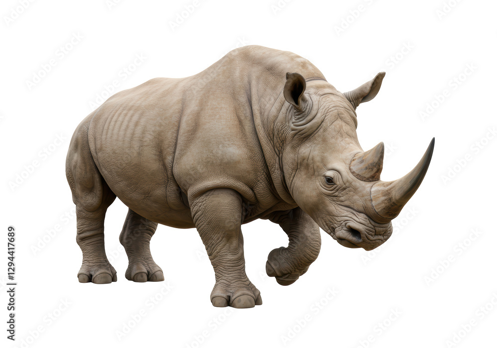 Isolated Full Body of a Dominant White Rhinoceros Walking Forward with Horn and Textured Skin Isolated Full Body of a Dominant White Rhinoceros Walking Forward with Horn and Textured Skin
