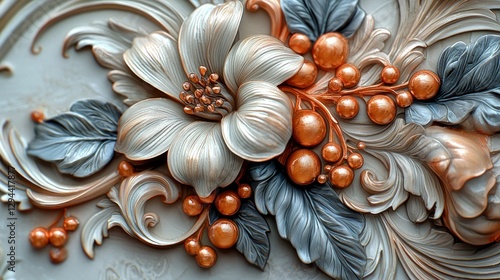 Ornate floral relief sculpture, decorative wall art, textured background