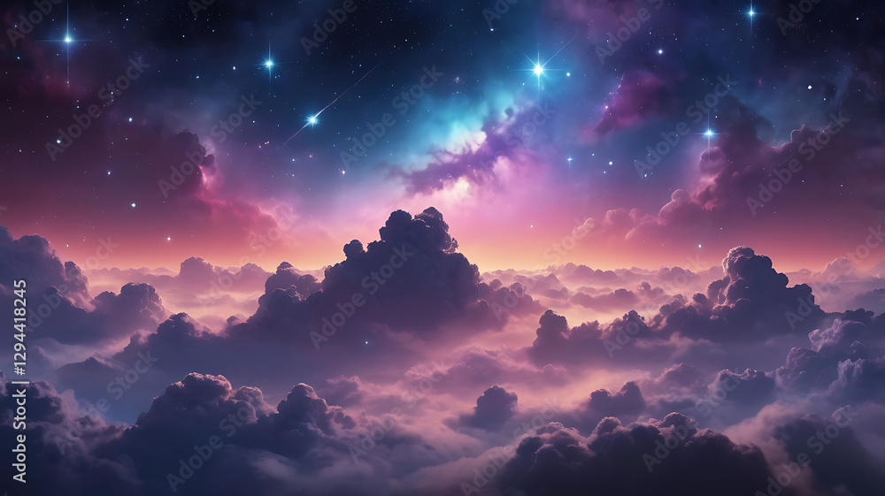 Naklejka premium Night sky with clouds and stars. 3D illustration. Fantasy background.