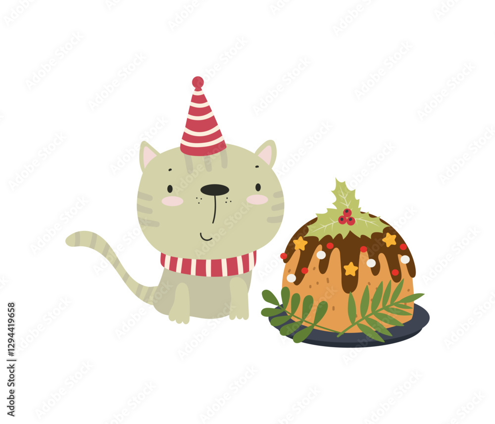 Obraz premium Cat With Christmas Pudding