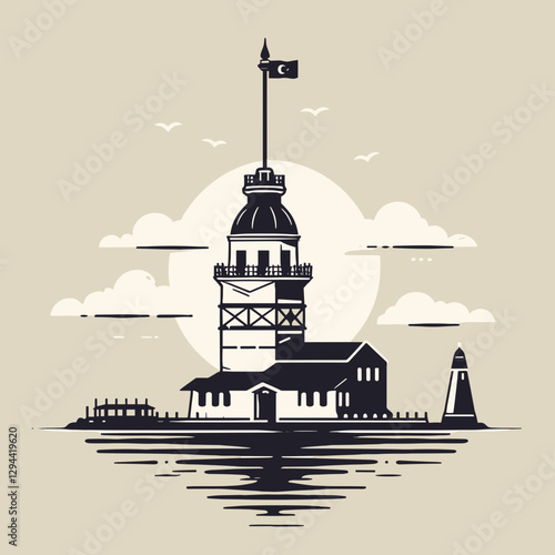 Maiden's Tower (Kız Kulesi) lighthouse silhouette with sea reflection in Istanbul