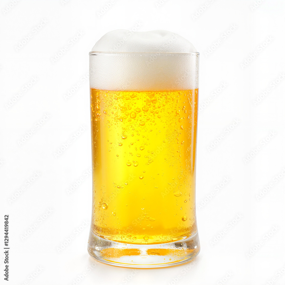 Amber beer in frothy glass on white background with bubbles and condensation for refreshment Amber beer in frothy glass on white background with bubbles and condensation for refreshment