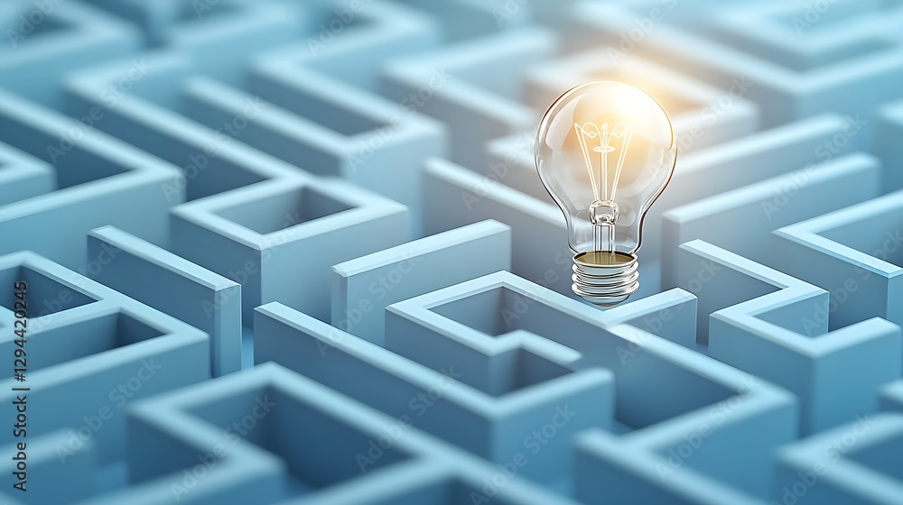 Minimalist maze structure with a vivid light bulb illuminating the exit path symbolizing thinking and the brilliance of creative problem solving
