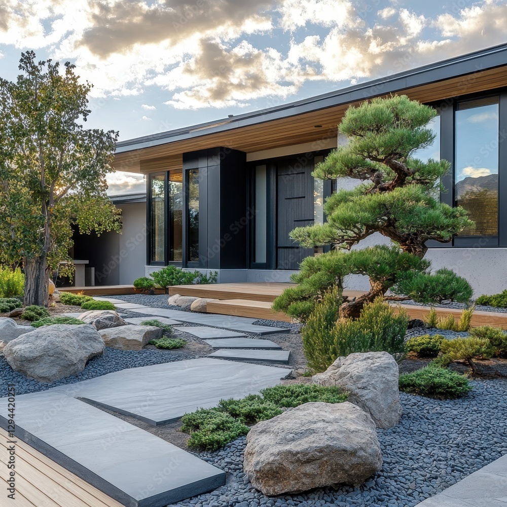 Modern house exterior featuring rock and stone landscaping Modern house exterior featuring rock and stone landscaping