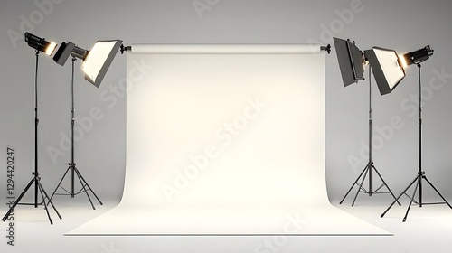 Obraz na płótnie Minimalist Professional Photography Studio with Clean White Backdrop and Lighting Rigs for Product Fashion and Beauty Shoots w salonie