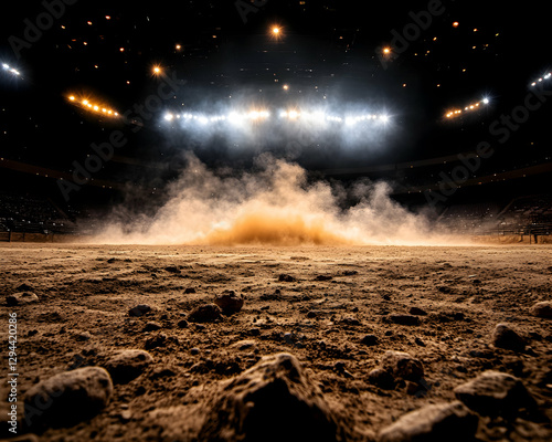 Dusty arena, spotlights, night rodeo action