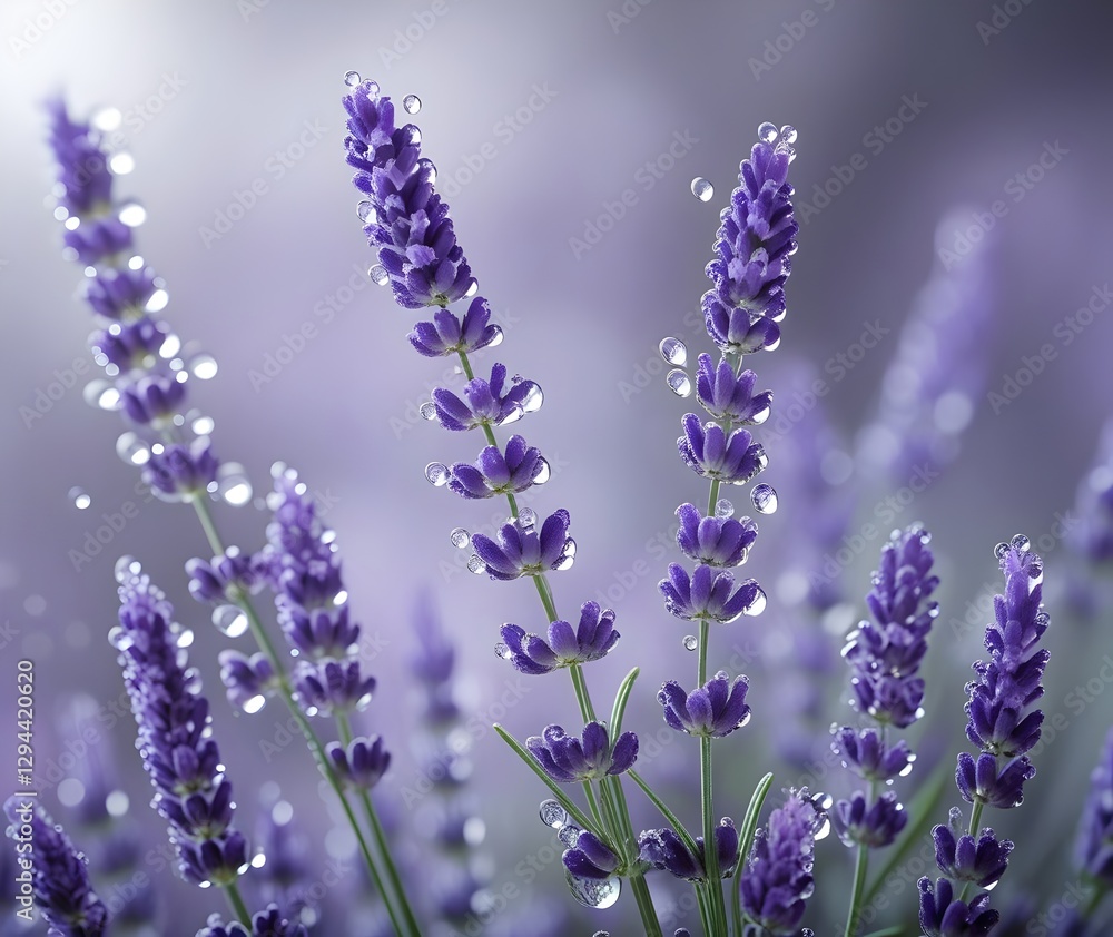 Naklejka premium Close-up of fresh lavender flowers with dewdrops, capturing their vibrant purple color and delicate texture against a soft, blurred background.