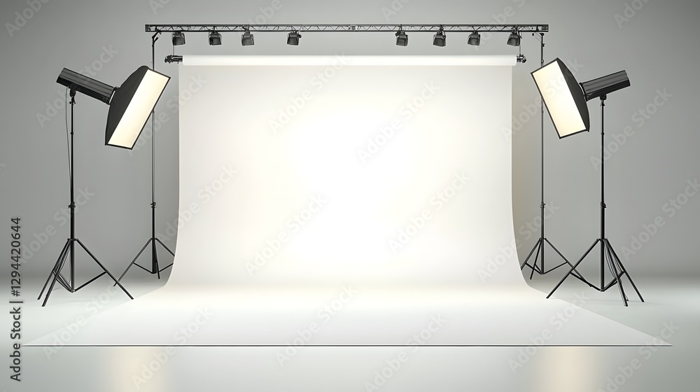 Perfectly lit professional photography studio with a pure white backdrop adjustable lighting sources and a clean clutter free setup