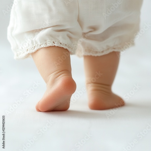 A baby’s first barefoot steps – a concept of growth, development, and achievements, isolated on a white background.