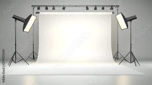 Obraz na płótnie Perfectly lit professional photography studio with a pure white backdrop adjustable lighting sources and a clean clutter free setup w salonie