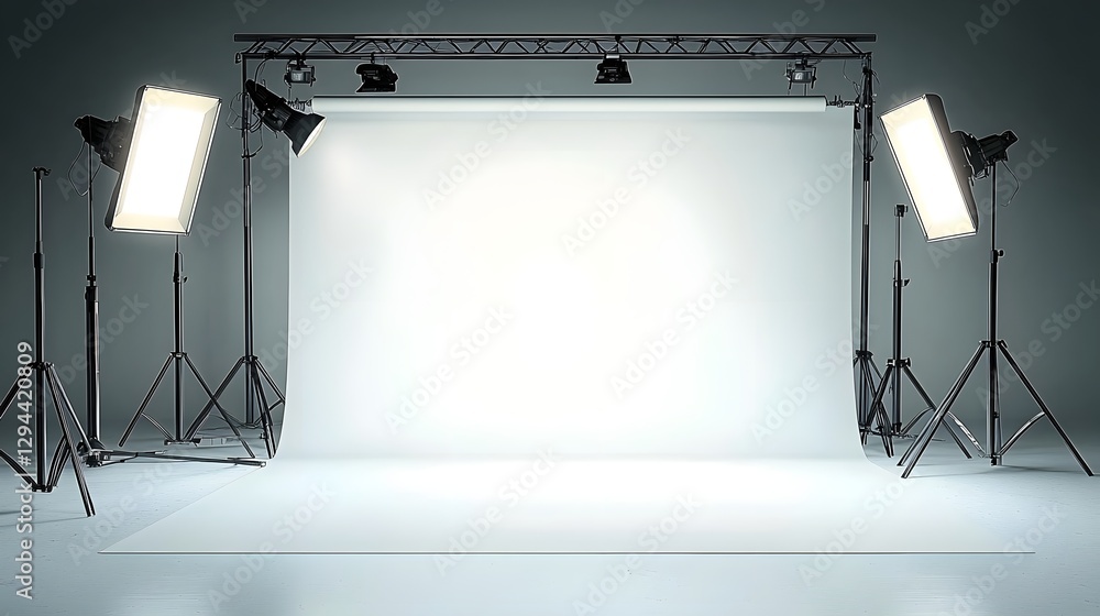 Perfectly Lit Professional Photography Studio with Clean White Backdrop and Adjustable Lighting Setup Ideal for High End Commercial Fashion and Product Photography