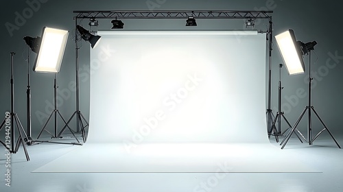 Obraz na płótnie Perfectly Lit Professional Photography Studio with Clean White Backdrop and Adjustable Lighting Setup Ideal for High End Commercial Fashion and Product Photography w salonie