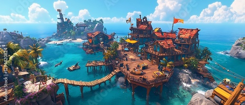 Colorful pirate village nestled on a tropical island with clear turquoise waters