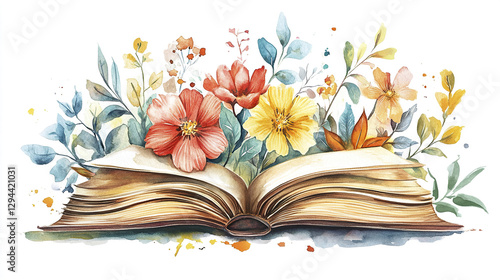 Wallpaper Mural Open book with vibrant watercolor flowers and leaves emerging Torontodigital.ca