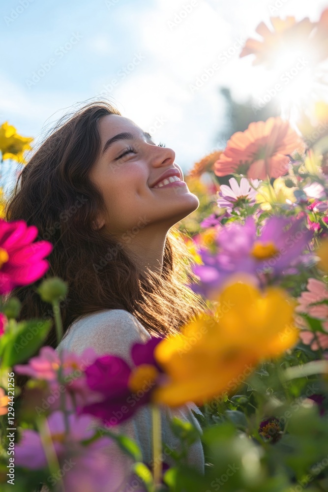 Naklejka premium Woman in field of flowers