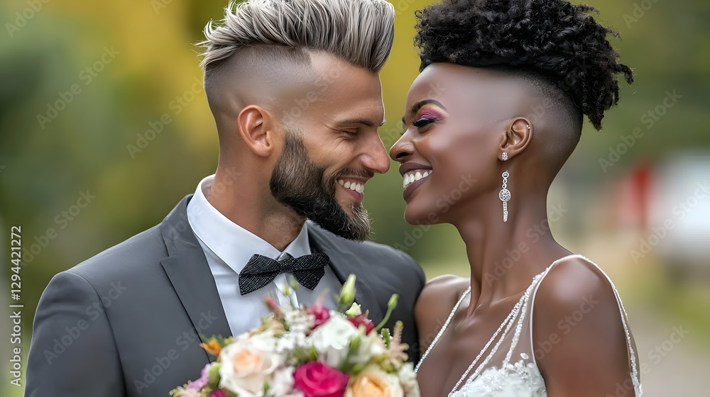 Radiant Couple Embrace on Their Joyful Wedding Day with Soft Natural Lighting Dressed Elegantly to Celebrate Their Love and Commitment