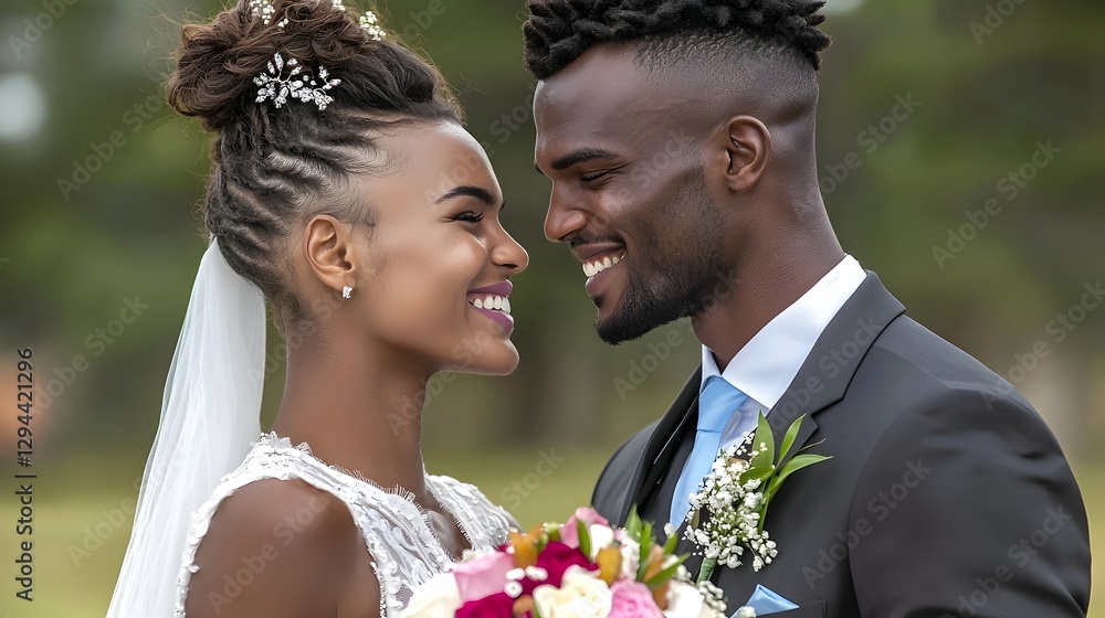 Radiant newlywed couple lovingly embracing and beaming with joy on their special wedding day elegantly in formal attire surrounded by the natural beauty of the outdoor setting and soft lighting that