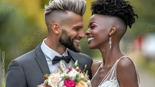 Obraz na płótnie Radiant Couple Embrace on Their Joyful Wedding Day with Soft Natural Lighting Dressed Elegantly to Celebrate Their Love and Commitment w salonie