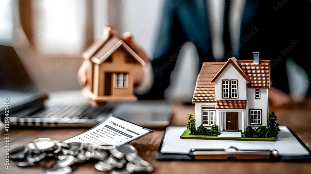 Real estate agent discussing and presenting mortgage agreement details to a pair of excited homebuyers with a miniature model house used as a symbolic representation of their future dream home