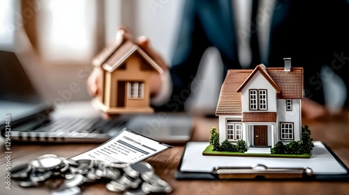 Obraz na płótnie Real estate agent discussing and presenting mortgage agreement details to a pair of excited homebuyers with a miniature model house used as a symbolic representation of their future dream home w salonie