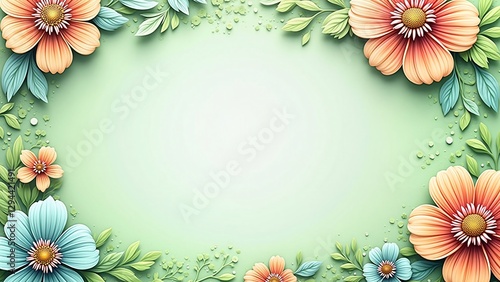 Pastel Paper Flower Frame Border on Mint Green Background