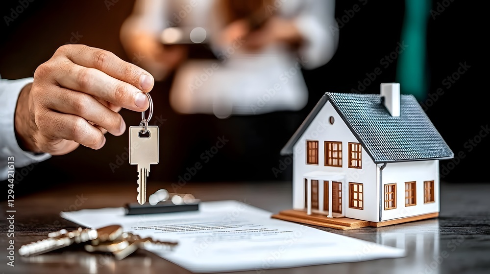 Real Estate Agent Handing Over Keys to Happy Young Couple Celebrating Homeownership with Miniature House Model on Table Signing Mortgage Agreement for New Property Investment