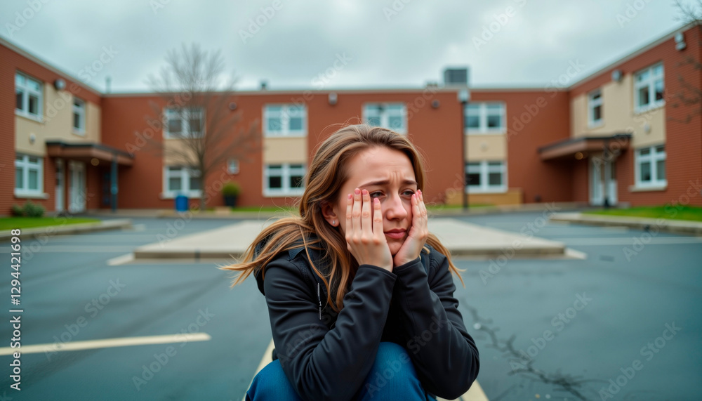 Fototapeta premium Girl in tears sitting alone in schoolyard, feeling loneliness, emotions of childhood, intended for parenting websites, educational blogs, children's mental health awareness campaigns and school life