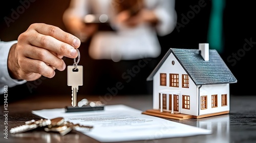 Obraz na płótnie Real Estate Agent Handing Over Keys to Happy Young Couple Celebrating Homeownership with Miniature House Model on Table Signing Mortgage Agreement for New Property Investment w salonie