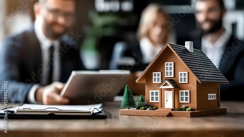 Real estate agents discussing mortgage agreement details with excited prospective homebuyers with a miniature house model symbolizing their future dream home and property investment