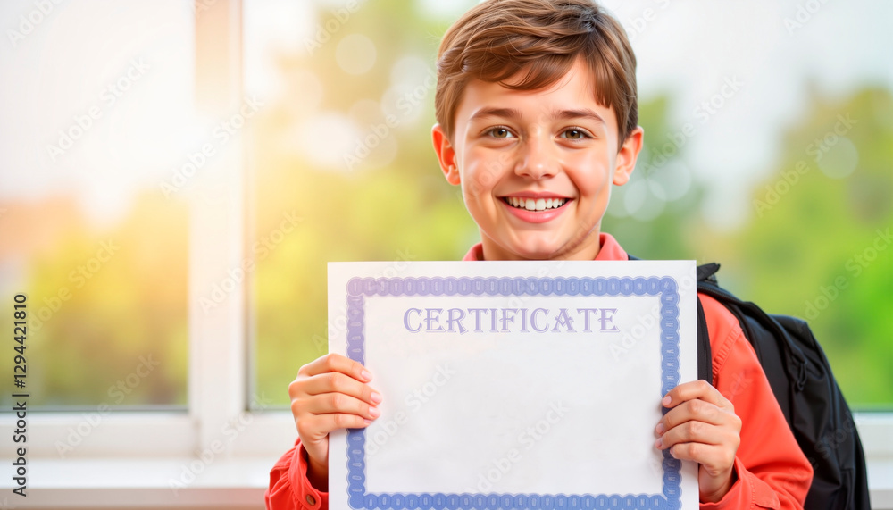 Boy joyfully holding a school certificate by the window, emotions of childhood, intended for parenting websites, educational blogs, children's mental health awareness campaigns and school life Boy joyfully holding a school certificate by the window, emotions of childhood, intended for parenting websites, educational blogs, children's mental health awareness campaigns and school life