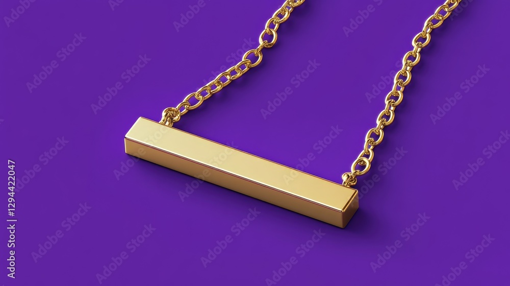 A bar-style gold necklace lying flat against a deep royal purple background A bar-style gold necklace lying flat against a deep royal purple background