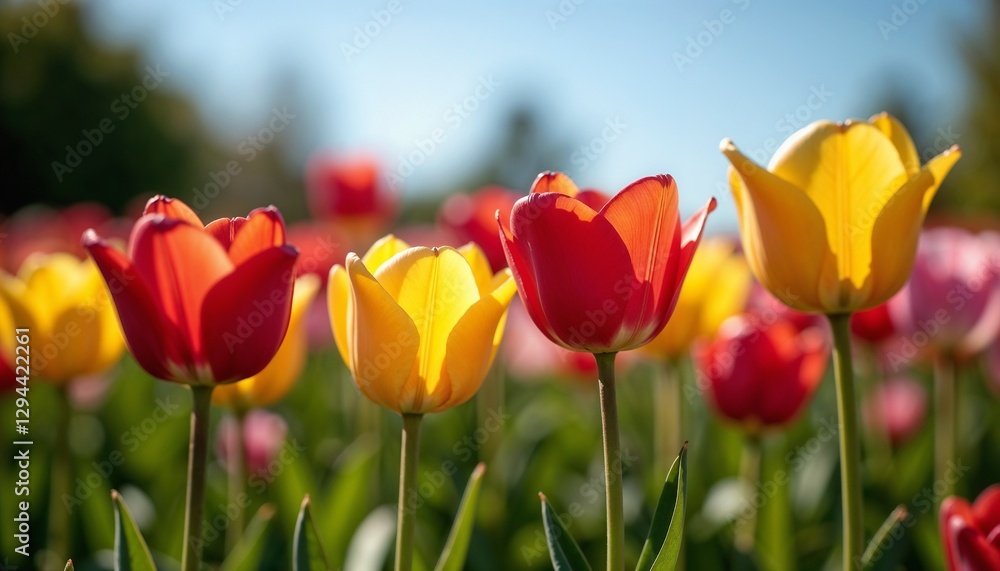Obraz premium Colorful tulips in spring blooming with vibrant background and copy space